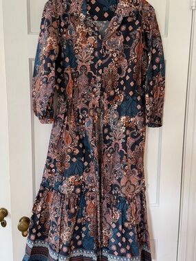 Cara Cara Navy Paisley Midi Dress with Peach & Rust Accents